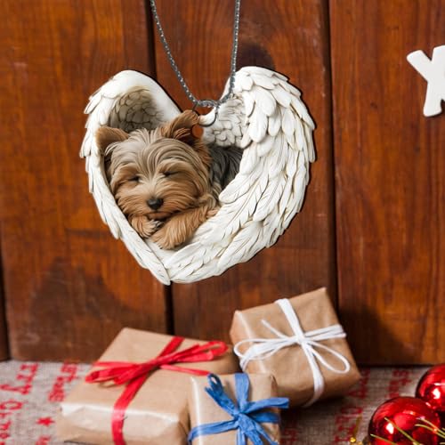 Wooden Dog Car Hanging Ornament Angel Wings Rearview Mirror Decor - Christmas Gift