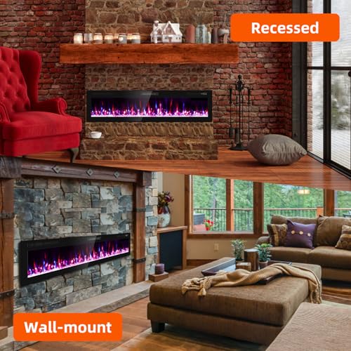 72-Inch Electric Fireplace Wall Mounted & Recessed with Remote Control