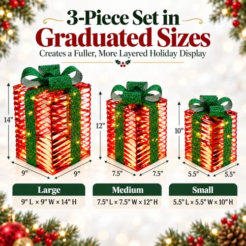 Christmas Lighted Gift Boxes Set of 3 with Warm White LED Lights - Holiday Decor