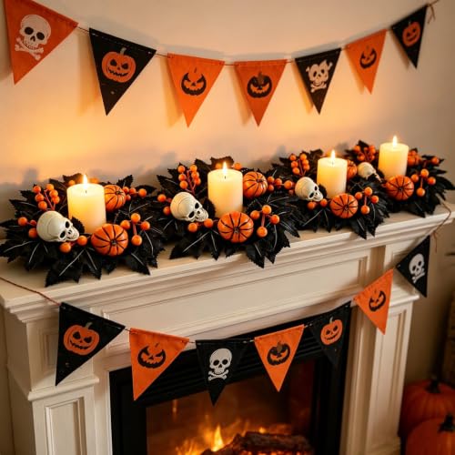 4 PCS Halloween Candle Rings with Skulls, Pumpkins, and Black Maple Leaves
