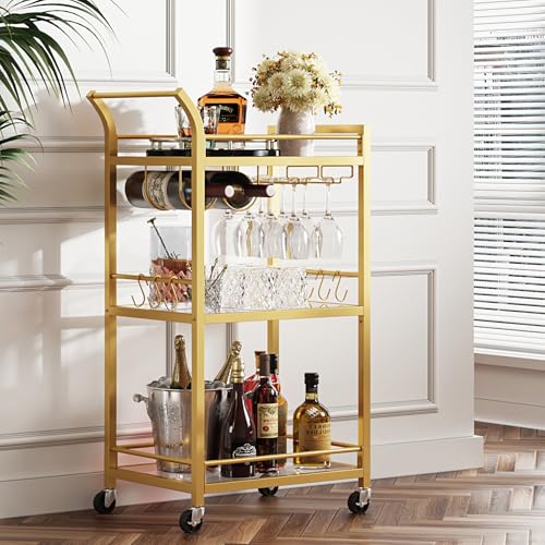 3-Tier Gold Bar Cart with Mirrored Shelves, Wine Rack & Glass Holder