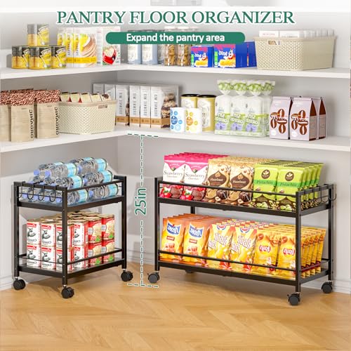 2-Tier Expandable Rolling Pantry Cart with Wheels - Adjustable Storage Cart