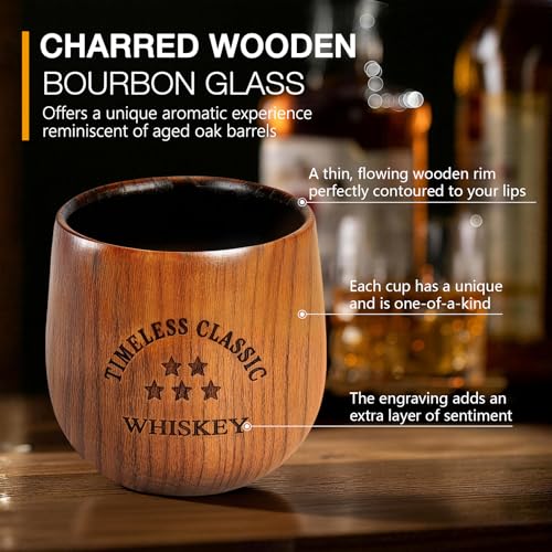 SALUNA 2 Pack Charred Wooden Bourbon Drinking Glasses - Oak Whiskey Tumbler, Personalized Gifts for Men & Dad
