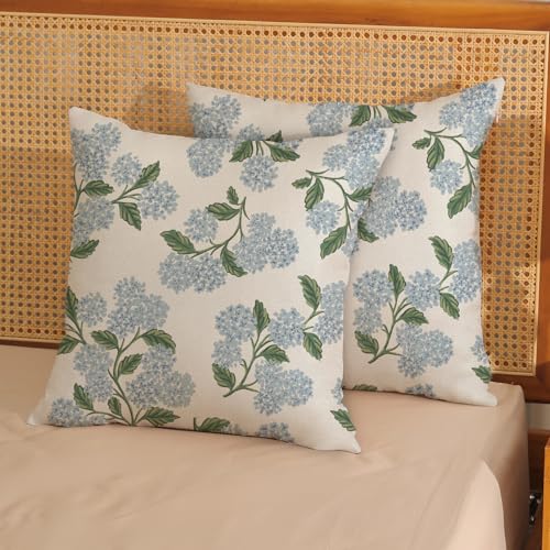 Floral Outdoor Pillow Covers 18x18 Inch - Set of 2 Blue Hydrangea Linen