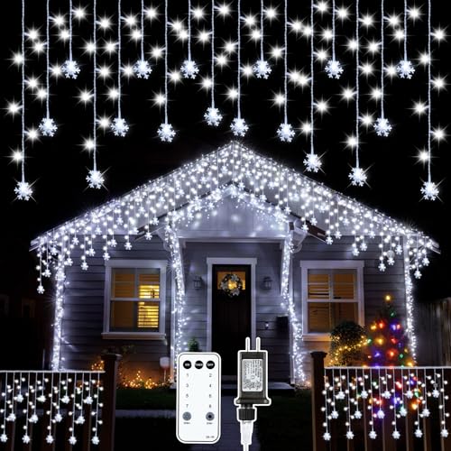 Aurelema White Christmas Snowflake Icicle Lights 33ft Outdoor Indoor with Remote