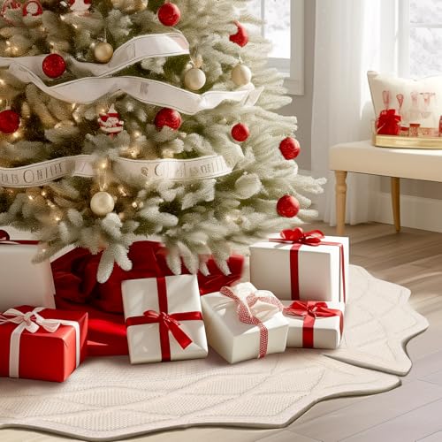 48-Inch Cable Knit Christmas Tree Skirt, Thick Rustic Holiday Decor, White