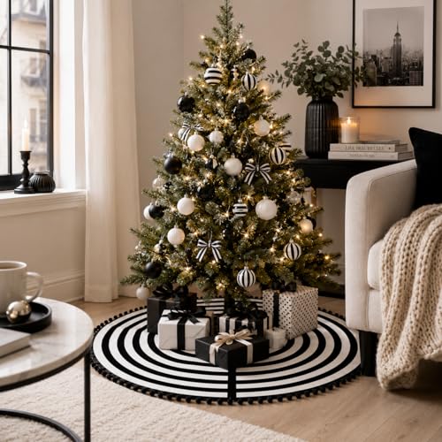 30-Inch Black and White Christmas Tree Skirt with Pom Pom Trim