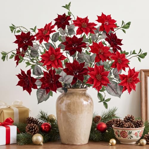 19-Piece 26in Christmas Poinsettia Flowers with Greenery Branches
