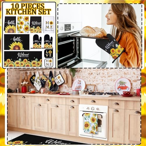 10-Piece Sunflower Kitchen Decor Set: Towels, Rugs, Oven Mitts & Pot Holders