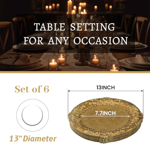 Antique Gold Charger Plates, 13-Inch Embossed Round Table Chargers (Set of 6)