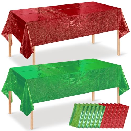 Hauwellter 12 Pack Iridescent Red & Green Plastic Tablecloths 54x108 in - holographic disposable party covers