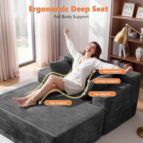 82" Oversized Corduroy Chaise Lounge with Ottoman and Storage Pockets