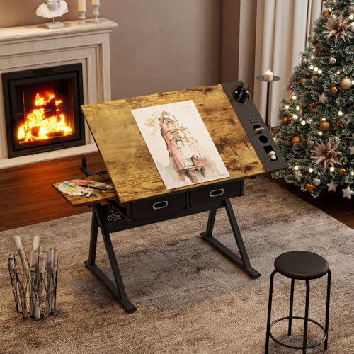 Adjustable Drafting Table with Stool, Tilting Art Desk with 2 Storage Drawers