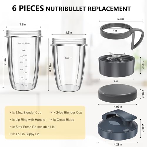 6-Piece Blender Accessory Set: 32oz & 24oz Cups with Extraction Blade & Lids