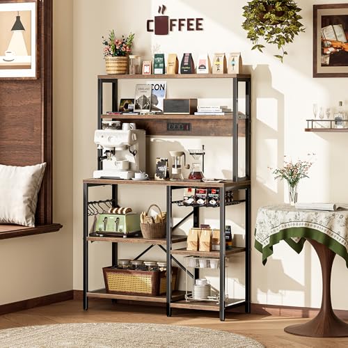 35.4" Kitchen Baker's Rack with Power Outlet, Coffee Bar & Storage