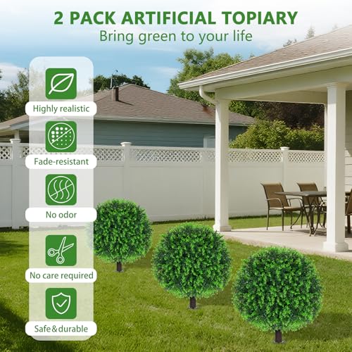 2 Pack Artificial Eucalyptus Topiary Ball Trees, 16-Inch UV-Resistant Plant