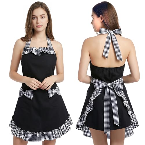 Adjustable Kitchen Apron with 2 Pockets - Cotton Blend Cooking Bib
