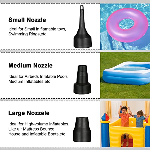 Portable Electric Air Pump for Inflatables, Quick-Fill Pump with 3 Nozzles