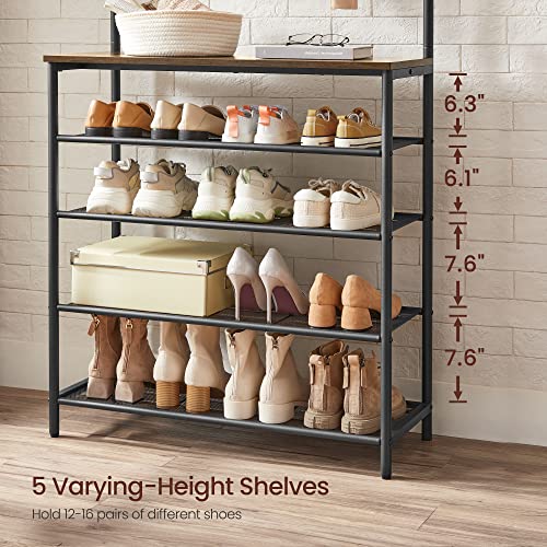 Industrial Hall Tree with Shoe Bench and Coat Rack, 5-Tier Entryway Organizer