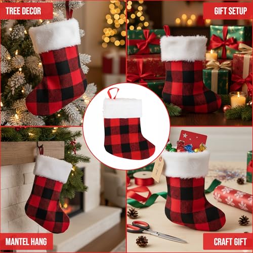 24-Pack Mini Christmas Stockings - 6-Inch Red Buffalo Plaid Ornaments