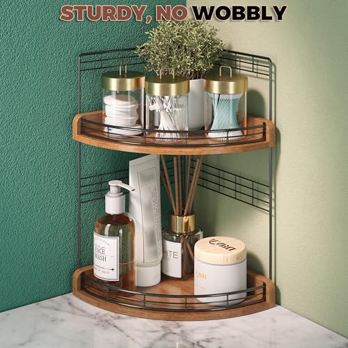 2-Tier Bathroom Corner Shelf, Wood and Iron Countertop Organizer