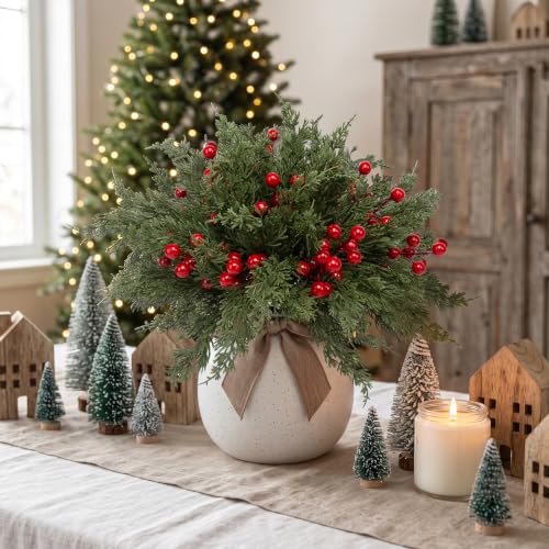 Lovemoon 70 Pcs Artificial Pine Branches Red Berry Stems Christmas Greenery