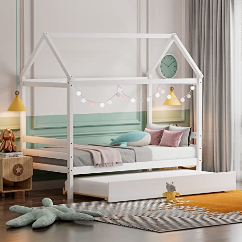 Twin Size House Bed with Trundle, Solid Wood Kids Platform Bed Frame