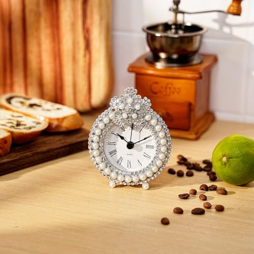 Vintage Metal Tabletop Clock with Rhinestones - Silent Battery Operated