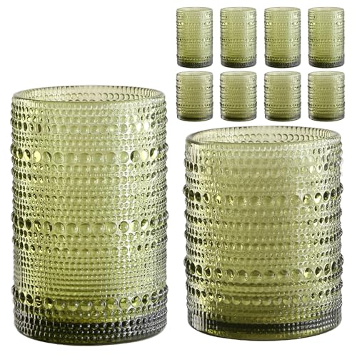 Vintage Hobnail Drinking Glasses Set, Embossed Green Glass Tumblers (8-Piece)