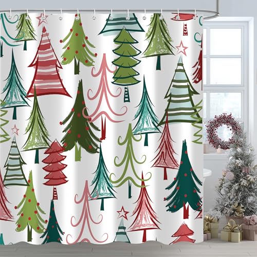 Moyrisou Colorful Pine Tree 72x72 In. Christmas Shower Curtain - Xmas Holiday Bathroom Decor