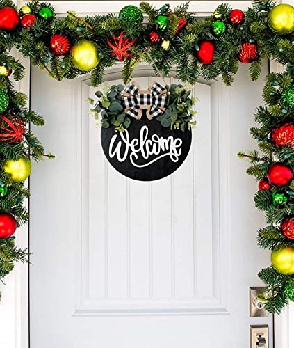 Rustic Welcome Sign for Front Door, 12-Inch Round Wooden Farmhouse Wreath