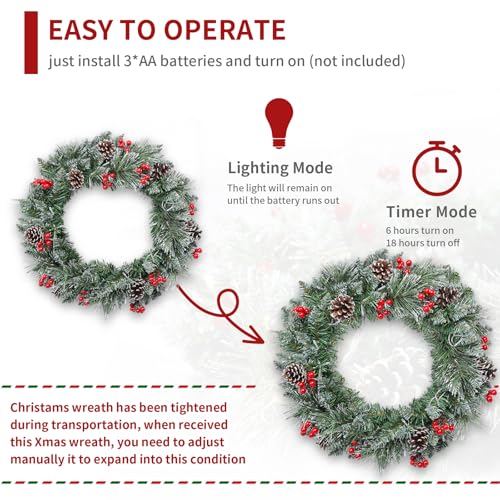 Pre-Lit Artificial Christmas Wreath with LED Lights, Red Berries & Pine Cones - 20 Inch Wreath_D