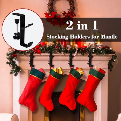 4-Pack Adjustable Metal Stocking and Garland Holders for Mantel (Black)