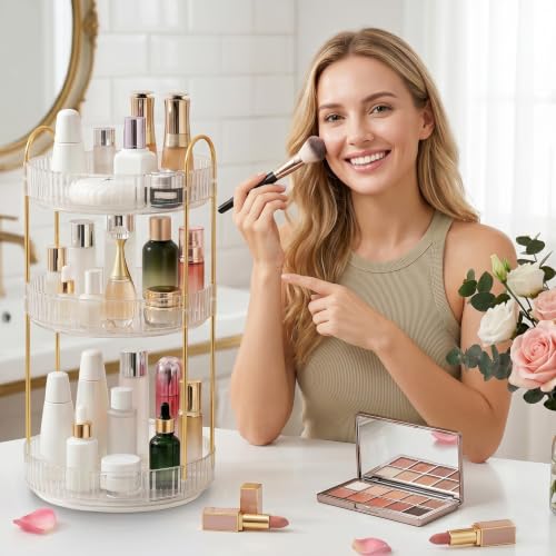 Aveniee Pearl White 3-Tier Rotating Makeup Organizer for Vanity & Bathroom