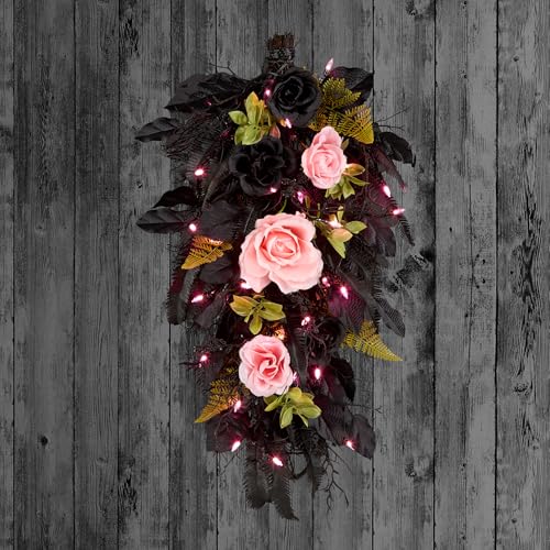 26-Inch Artificial Halloween Teardrop Swag with 30 Pink LED Lights