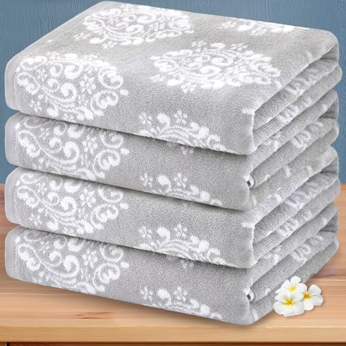 Voova & Movas 4-Pc Damask Cotton Bath Towel Set 28x52 in - Silver/White