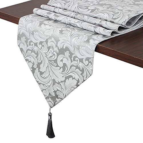 EHouseHome Silver Grey Reversible Jacquard Damask Table Runner with Tassels 13x72in - Water & Wrinkle Resistant
