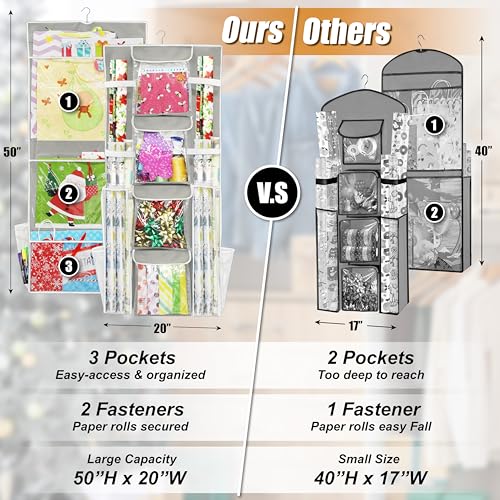 Double-Sided Hanging Gift Wrap Organizer with Pockets, Gray