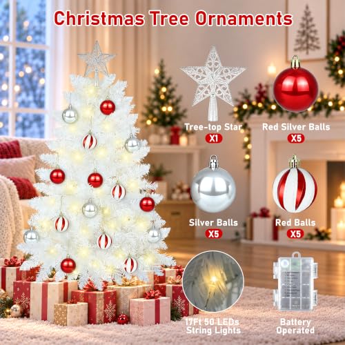 [3FT White Christmas Tree with Lights] Bolvinaso - Includes 15 Ornaments & Star Topper, Indoor Tabletop