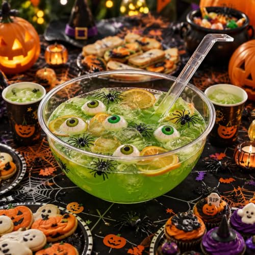 2-Piece 0.5 Gallon Clear Plastic Punch Bowl Set with Ladle for Parties