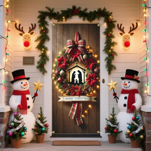 Christmas Nativity Scene Door Cover with Poinsettia Plaid Bow - Colorful B618