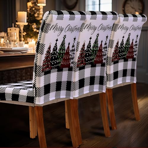Moukeren 6 Pcs Christmas Chair Covers Buffalo Plaid Trees,Black and
