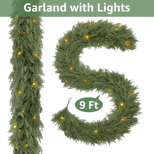 9Ft Cedar Christmas Garland with Lights for Mantle – Prelit Indoor/Outdoor Spruce Green Faux Pine, NUTIKAS