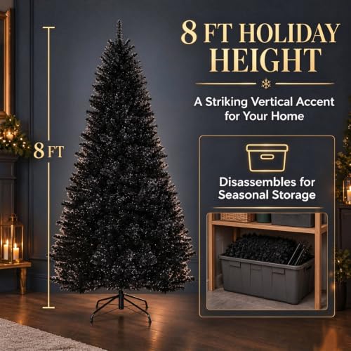 8FT Black Christmas Tree with Hinged Branches - Halloween & Holiday Decor - Variation: 7ft 10in