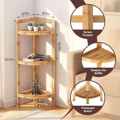 3-Tier Bamboo Corner Shelf, Free-Standing Triangular Storage Rack
