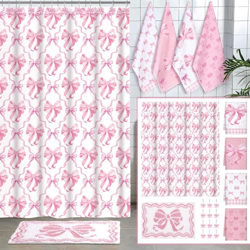 18-Piece Pink Bow Shower Curtain Set with Rug, Towels, and Decorative Hooks