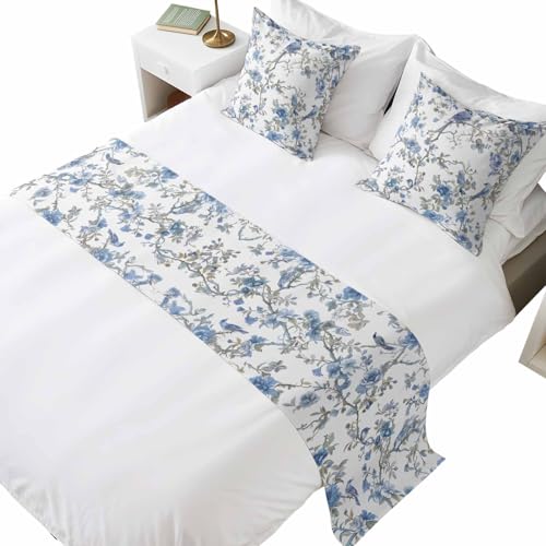 Birchloom Blue Floral Birds King Bed Runner Set with 2 Pillow Covers
