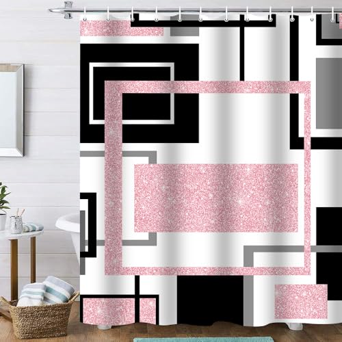 4-Piece Pink Geometric Shower Curtain Set with Non-Slip Bathroom Rugs