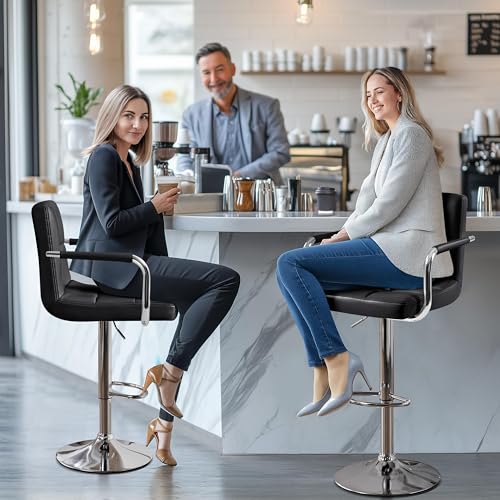 Adjustable Swivel Bar Stools with Backs and Armrests, Set of 2, Black
