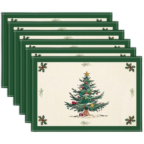 OTOSTAR Christmas Tree Green Placemats Set of 6, 12x18 Inch Holiday Table Decor